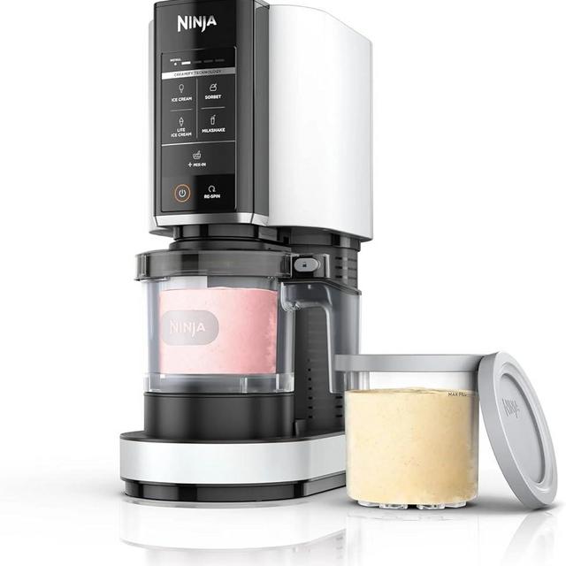 Ninja CREAMi Ice Cream Maker, 5 One-Touch Programs, Includes (2) 16oz Pints with Lids, Transform Frozen Bases to Ice Cream, Sorbets, Milkshakes, Vegan, Dairy-Free Options, NC300 White (Renewed)