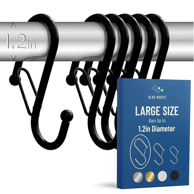 Blau Marité 6 S-Shaped Hooks with Anti-Fall System. Anti Drop S-Shaped Hook with Safety Buckle to Prevent Falls. Heavy Duty. (Black, 4in Long (Diameter Rod<1.2in))