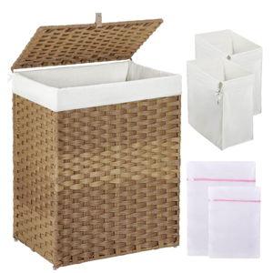 GREENSTELL Laundry Hamper with Lid, 90L Clothes Hamper with 2 Removable Liner Bags & 2 Mesh Laundry Bags, Handwoven Synthetic Rattan Laundry Basket for Clothes, Toys in Bathroom, Bedroom Natural