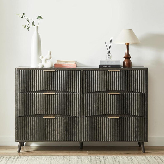 Evermagin Fluted 6 Drawer Dresser, 55" Wide Light Wood Curved Dresser, Mid Century Modern Chest of Drawers for Bedroom, Living Room and Entryway (Dark Grey)