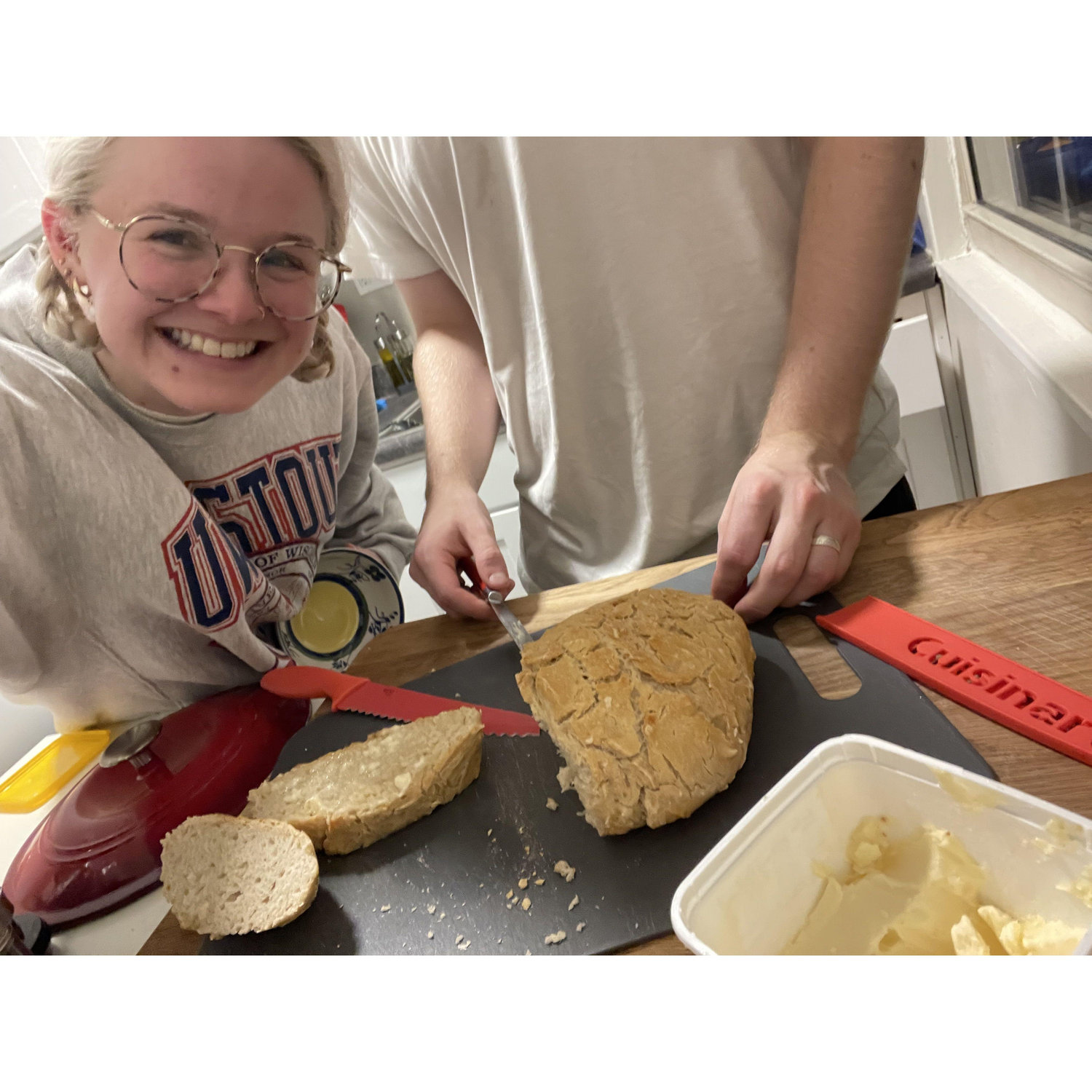 2023: First time baking bread together (we ate half the loaf in one sitting!)