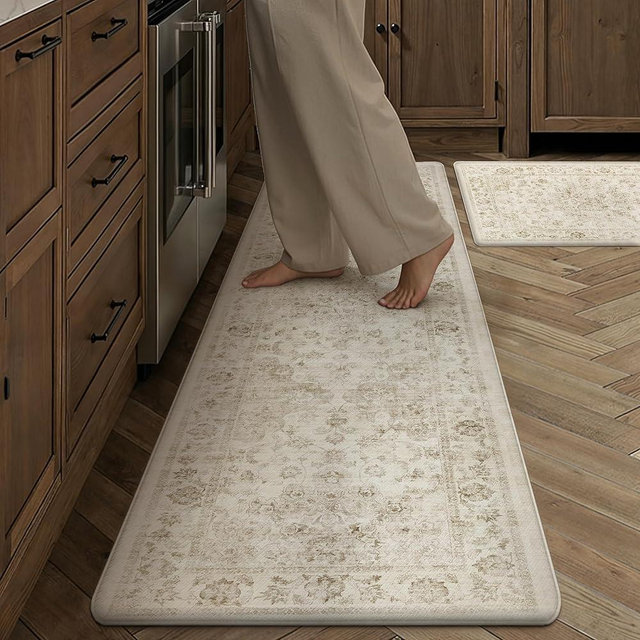 WondRg Neutral Kitchen Mats 2PCS Anti Fatigue Mat for Cushioned Beige Vintage Kitchen Mats for Floor Waterproof Non-Slip Comfort Standing Rug for Sink Laundry Office 17.3"×59"+17.3"×30"