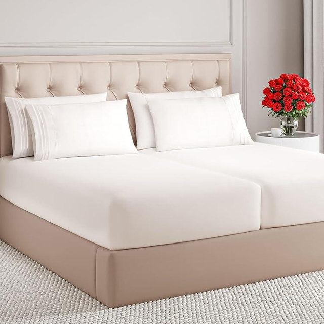 Split King 7 Piece Sheet Set - Comfy, Breathable & Cooling - Hotel Luxury Bedding for Women, Men, Kids & Teens - 1 Flat & 2 Fitted Sheets & 4 Pillowcases w/ Deep Pockets - Wrinkle Free - Antique White
