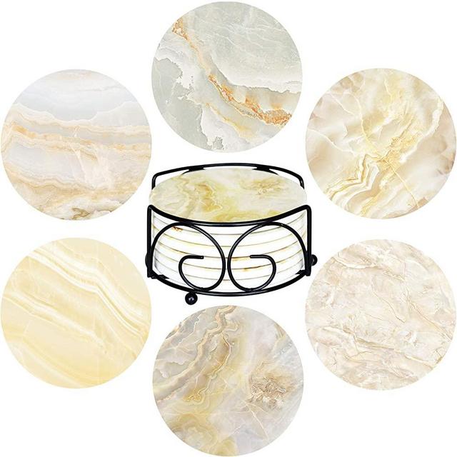 Coasters for Drinks with Holder | 6 Marble Surface Absorbent Ceramic Drink Coaster Gift Set | Unique Presents for Friends, Men, Women, Housewarming Gifts, Birthday, Living Room Decor, Holiday Party