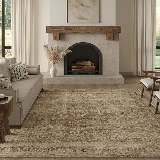 FMFUNCTEX 8x10 Washable Area Rug Brown Vintage Neutral Distressed Large Non Slip Carpet for Living Room Bedroom Soft Low Pile Indoor Mat Retro Floral Throw Rug for Dining Room Kitchen Office Nursery