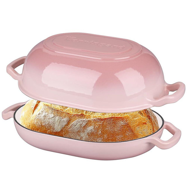 VORRINGARD Enameled Cast Iron Sourdough Bread Oven, Dutch Oven, Loaf Cast Iron Bread Pan for Homemade Bread Baking Pan with Lid, 7QT, Pink