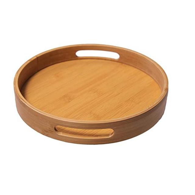 Round Bamboo Tray with Handles. Decorative Serving Tray for Breakfast, Drinks, Ottoman or Coffee Table Wooden Trays (11.8 inches)