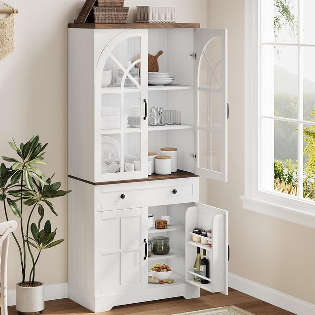 Garvee Farmhouse Pantry Cabinet, 71.9" Tall Freestanding Kitchen Cabinet with Tempered Glass Doors& Anti-Tip Design for Kitchen, Dining Room & Living Room,White