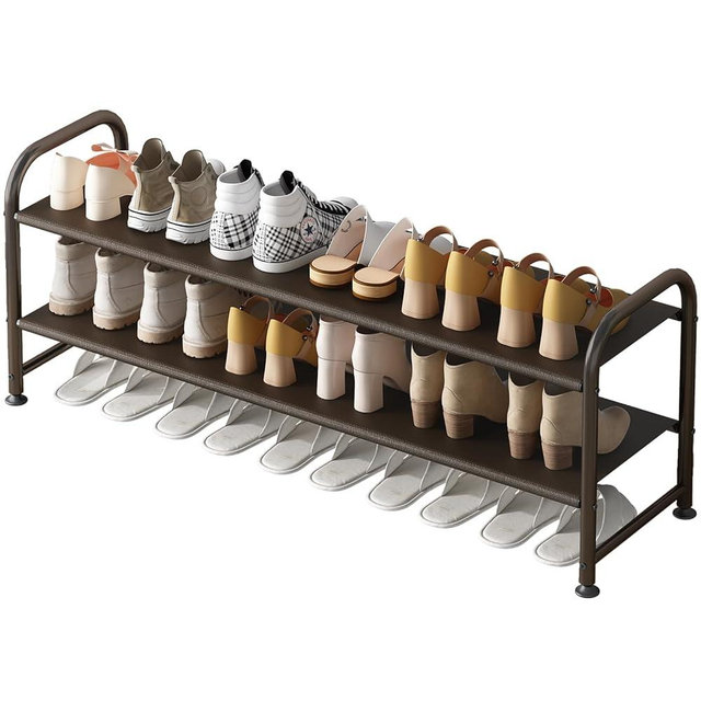 INGIORDAR Shoe Rack 2 Tier Long Storage Organizer Wide Metal Shoe Shelf for Closet Entryway Brown