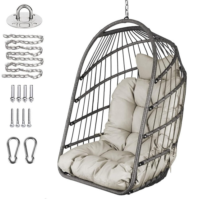 Chihee Egg Chair Foldable Wicker Rattan Hanging Swing Chair Indoor Outdoor Patio Wicker Chair Hammock Chairs with Stainless Steel Hanging Kit Chain Link UV Resistant Cushion Bedroom Balcony