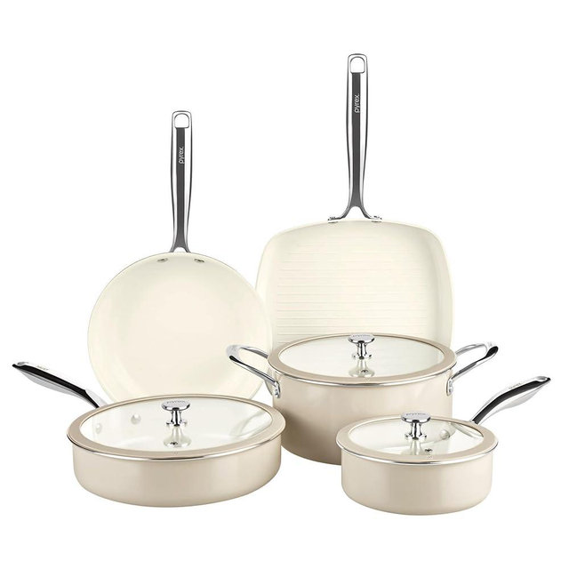 Pyrex 8-Piece Ceramic Cookware Set, Pots and Pans with Lids & Stainless Steel Handles, Healthy Nonstick Ceramic Coating, Induction Compatible Stainless Steel, PFAS Lead Cadmium BPA Free