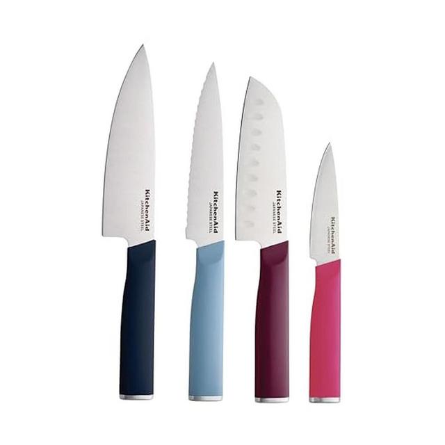 KitchenAid 4-Piece Chef Knife Set with Blade Covers, 6-Inch Chef Knife, 5-Inch Santoku, 5.5-Inch Serrated Utility, 3.5-Inch Paring High-Carbon Japanese Steel, Assorted Colors