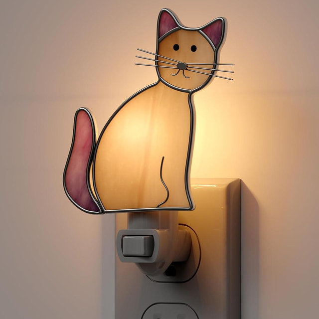 KY&BOSAM Stained Glass Cat Night Lights Plug into Wall 1-Pack 7W Plug in Night Light Dusk to Dawn 3000K Warm White Bright Nightlight Switch-On/Off for Adults Kids Room Bathroom Hallway Kitchen Non-Dim