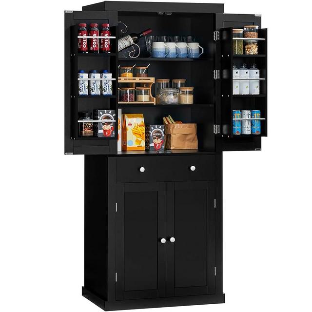 usikey 72” Kitchen Pantry Cabinet, Tall Storage Cabinet with 4 Doors and 1 Drawer, Freestanding Cupboard with 6 Hanging Shelves and Adjustable Shelves for Kitchen, Dinging Room,Living Room, Black