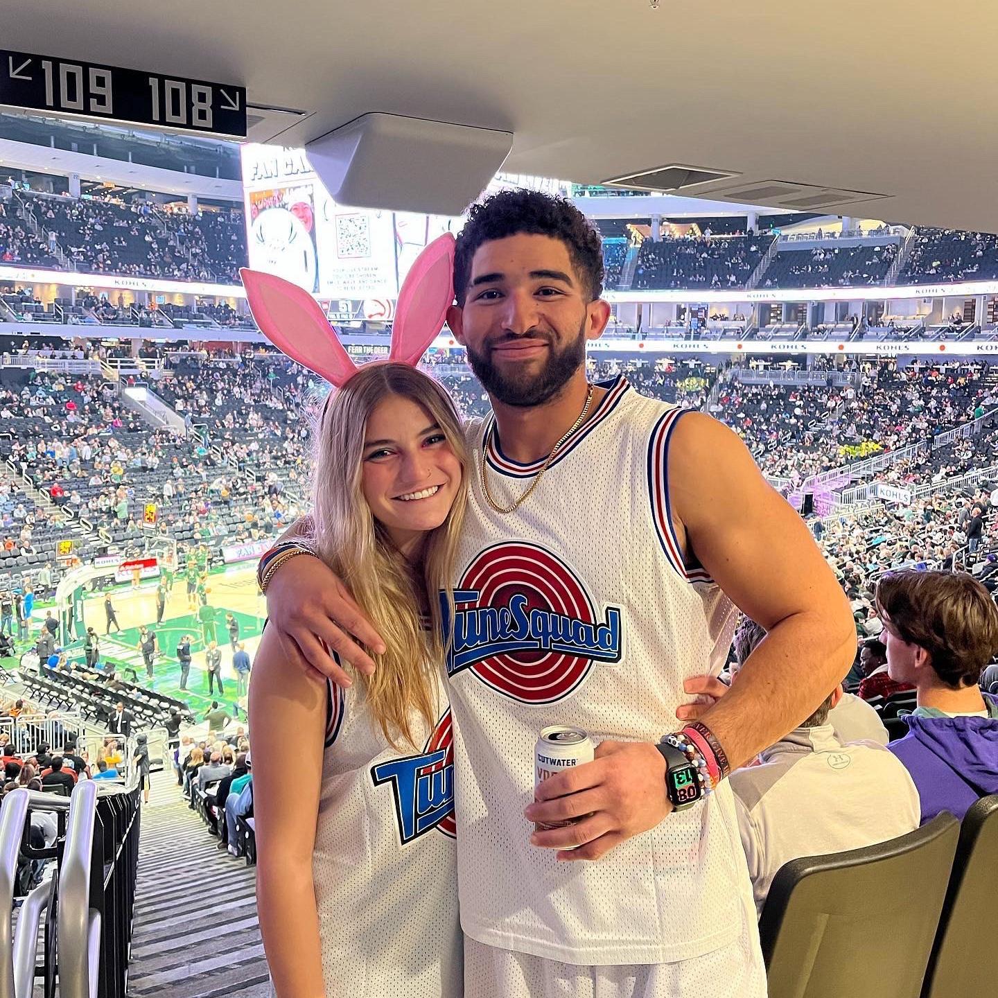First NBA game together, on Halloween when Ronny went to visit Bailey in college. They dressed up as Bugs and Lola Bunny!