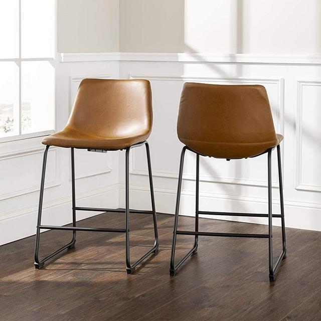 Walker Edison Furniture Company 26" Industrial Faux Leather Armless Indoor Kitchen Dining Chair Stool with Metal Legs Upholstered, Set Of 2, Whiskey Brown