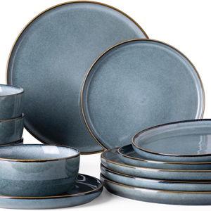 GBHOME Ceramic Dinnerware Sets for 4, 12 Pieces Stoneware Plates and Bowls Sets, Reactive Glaze Dishes -Scratch Resistant, Dishwasher&Microwave Safe, Space Blue