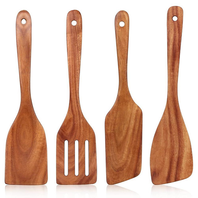 Best Wooden Spatula for Cooking Non Stick Kitchen Utensils Teak Wood Spatula Set of 4 Flat Slotted Turner Spatula for Baking Mixing Scraping Fish Spatula Wood Cooking Utensil Set Egg Flipper Spatula