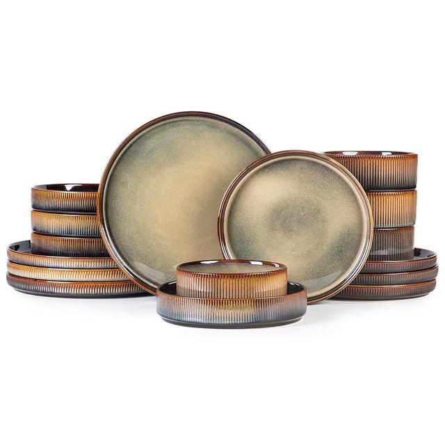 TheTerra Ceramic Dinnerware Sets with Pasta Bowls for 4, 16 Pieces Porcelain Lightweight Plates and Bowls Sets, Scratch Resistant Dish Set, Oven & Microwave & Dishwasher Safe, Coca Mocha