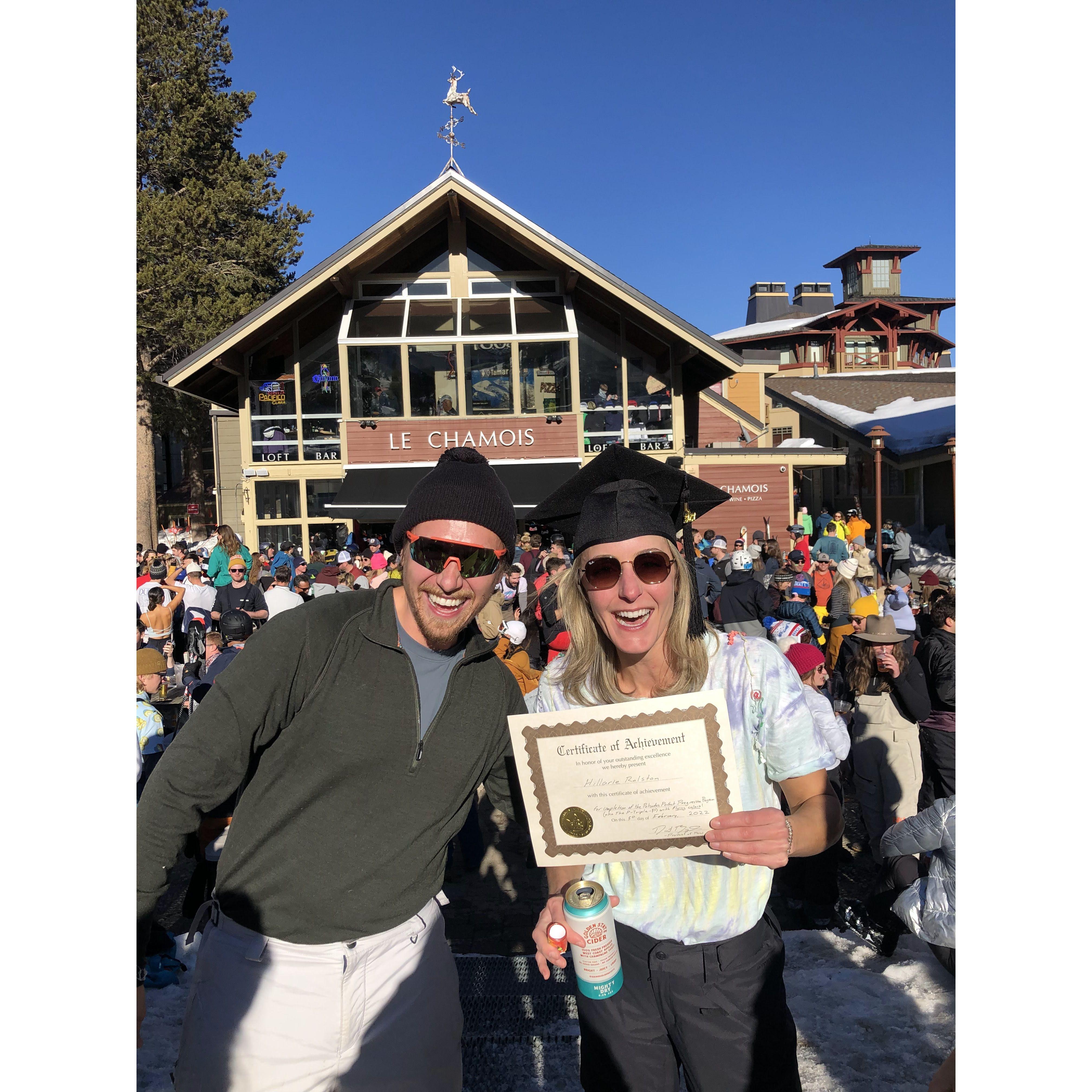 Dan convinced me to learn to ski and then surprised me with a graduation party at the Chami with friends after I completed Palisades Perfect Progression Program!