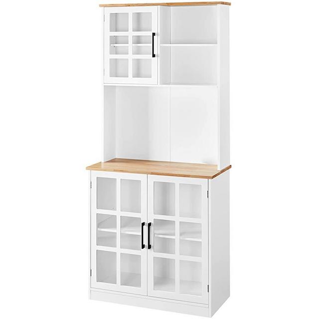 Yaheetech Kitchen Pantry Storage Cabinet with Hutch, Freestanding Pantry Cabinets Cupboard Buffet Cabinet with Door, Large Countertop and Adjustable Shelves for Kitchen/Living Room/Dinning Room, White