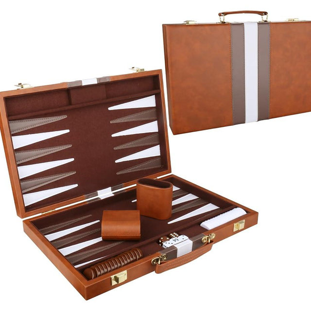 Backgammon Set - Classic Board Game with Premium Leather Case - Portable Travel Strategy Backgammon Game Set for Adults, Kids (11inch, Brown)