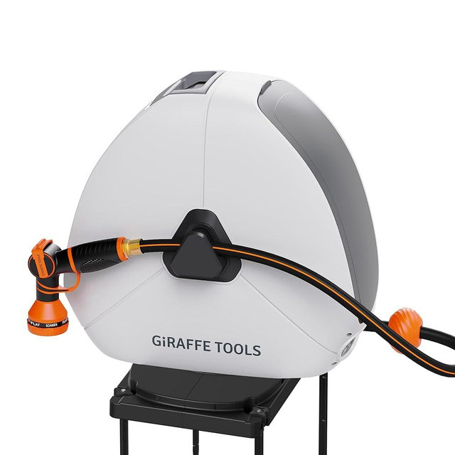 Giraffe Tools Retractable Hose Reel with 1/2 Inch x 100FT, Heavy Duty Ground Mount Garden Hose Reel, Automatic Rewind,with 9-Function Sprayer Nozzle & Flexible Swivel Base