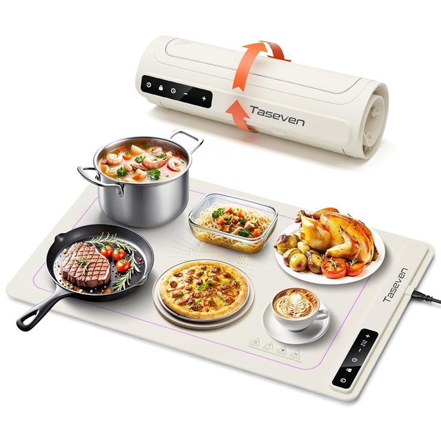 Taseven Food Warming Mat, Silicone Heating Tray with 7 Temperature Settings, Quick Full Surface Heating Pad, Thermochromic Line, Kids Lock, Food Warmers for Parties