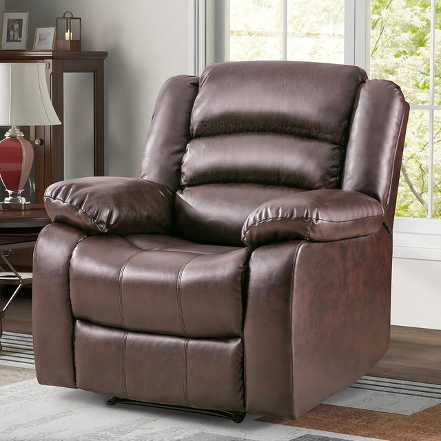 ANJ Recliner Chair, Breathable PU Leather Reclining Chair, Extra Wide Manual Recliners with Overstuffed Arm and Back, Single Sofa Chair for Living Room Bedroom(Dark Brown)