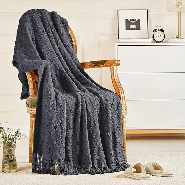 Inhand Knitted Throw Blankets for Couch and Bed, Soft Cozy Knit Blanket with Tassel, Dark Grey Lightweight Decorative Blankets and Throws, Farmhouse Warm Woven Blanket for Men and Women, 50"x60"