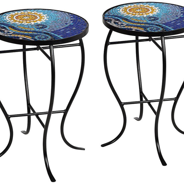 Teal Island Designs Ocean Scene Modern Black Metal Round Outdoor Accent Side Tables 14" Wide Set of 2 Set of 2 Blue Mosaic Tile Tabletop Gracefully Curved Legs for Spaces Porch Patio Home House