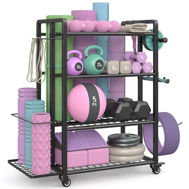 Adjustable Weight Rack for Home Gym Dumbbells, Yoga Mat Storage for Dumbbells Kettlebells Foam Roller, Ab Rollers and Resistance Bands, Large Capacity Gym Equipment Storage Rack with Wheels and Hooks
