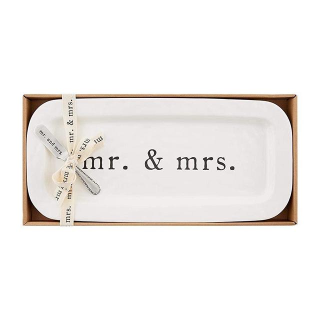 Mud Pie Mrs. Hostess Platter Set, tray 7 1/2" x 16" | spreader 5 1/2", White