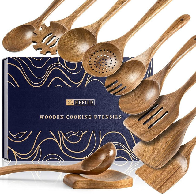 Hefild Wooden Spoons for Cooking, Nonstick Cooking Utensil Set with 10 Piece Acacia Wooden Spatulas and Spoons, as well as a Extra Whole Wood Spoon Rest, Terrific for Everyday Kitchen Tasks