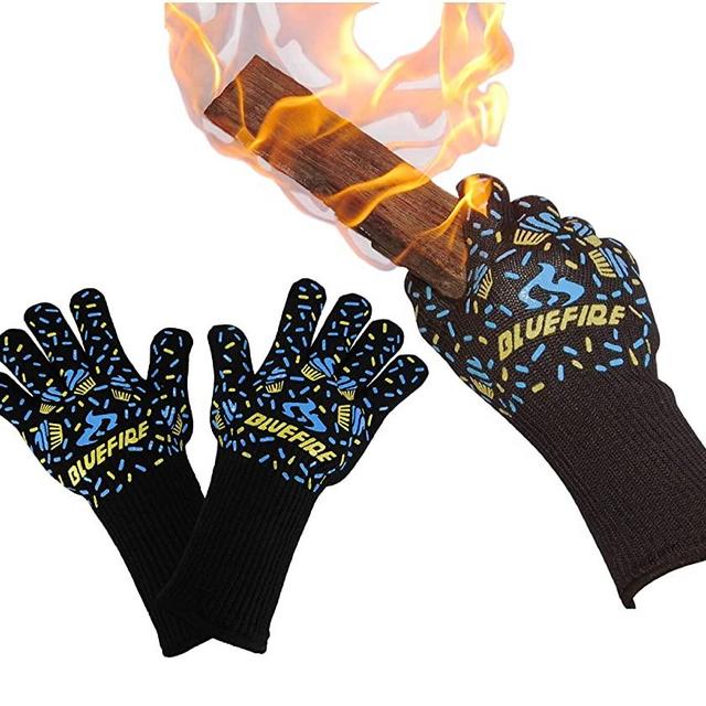 BlueFire Gloves BBQ Grill Firepit Oven Mitts Heat Resistant 932 Degrees F Lab Certified Professional Grade Kevlar (Large, Black)