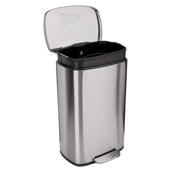 Amazon Basics Smudge Resistant Rectangular Trash Can With Soft-Close Foot Pedal, Brushed Stainless Steel, 50 liter/13.2 gallon, Satin Nickel Finish, 16.7"L x 14.7"W x 25.9"H