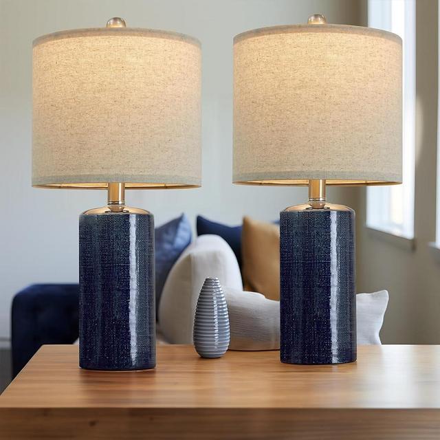 G-SAFAVA 20.25" Modern Ceramic Table lamp Set of 2 Small Farmhouse Bedside lamp Dark Blue Nightstand Lamp End Table Lamps for Living Room Bedroom Study Office