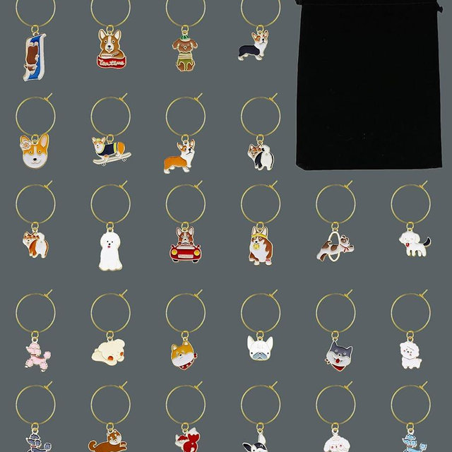 Nuburbur Christmas Wine Glass Charms/Markers/Identifiers/Tags for Stem Glasses for Wine Party Decorations Dog Themed Set of 26 (26 Pcs Dog Charms)