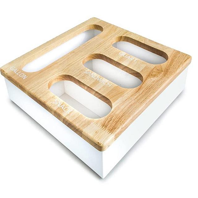 ZipLock Bag Container Organizer - Sandwich Bag Organizer for Drawer Fits All Food Storage Bags - Space Saving Baggie Organizer With an Acrylic Base & Stylish Wood Top - 11.73 x 11.73 x 3 Inches