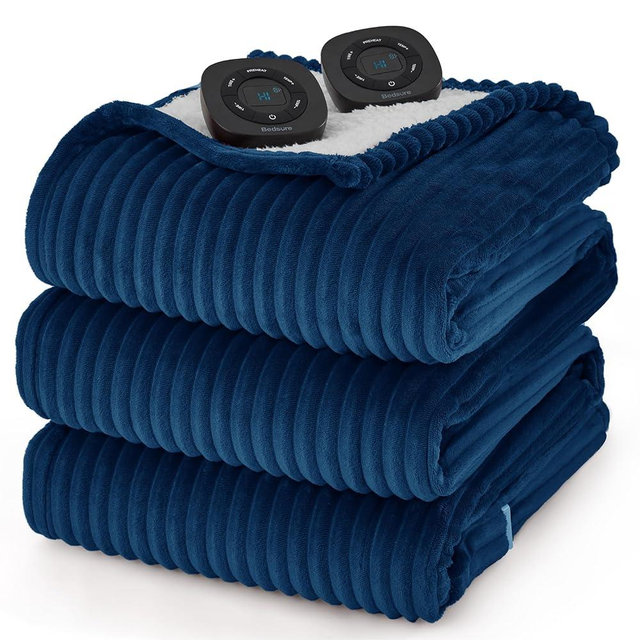 Bedsure Electric Blanket Queen Size - Soft Ribbed Flannel Heated Blanket with Dual Control, Heating with 10 Heat Settings & 10 Time Settings, 8 hrs Timer Auto Shut Off (84x90 inches, Navy)