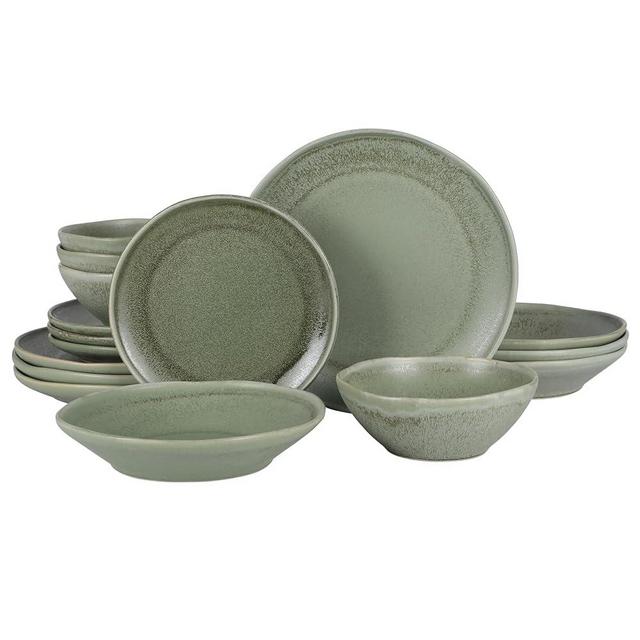 Gibson Elite Island Cove 16 Piece (Service for 4) Plates and Bowls Reactive Glaze Organic Round Dishes Stoneware Ceramic Dinnerware Set -Green