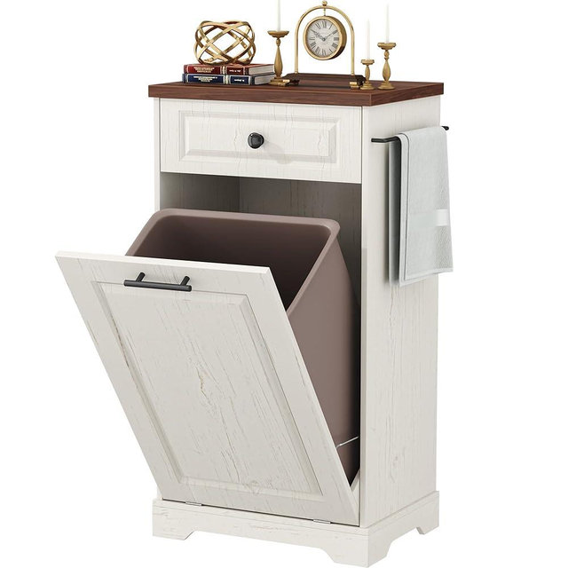 Function Home Trash Can Cabinet, Tilt Out Trash Cabinet, Wooden Kitchen Garbage Can with Hideaway Drawer, Pet Proof Trash Can Holder for Kitchen Living Room, Antique White with Brown Top