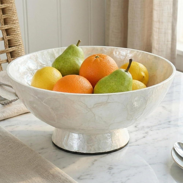 Chi An Home 11” White Capiz Shell Decorative Bowl, Large Footed Centerpiece Bowl for Kitchen Island Decor, Modern Farmhouse Fruit Bowl for Entryway & Home Décor Accents