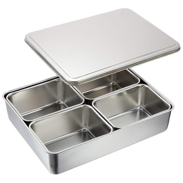 TIKUSAN Stainless Steel Seasoning Container Yakumi Pan Spice Storage Box Tray with Lid Medium Size Made in Japan (4 Containers (Square))