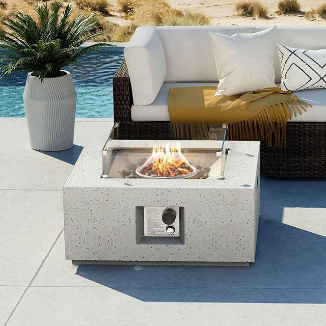 COSIEST Outdoor Propane Fire Pit Coffee Table, 28-inch Terrazzo Square Concrete Base Patio Heater w 40,000 BTU Stainless Steel Burner, Wind Guard, Free Lava Rocks and Rain Cover