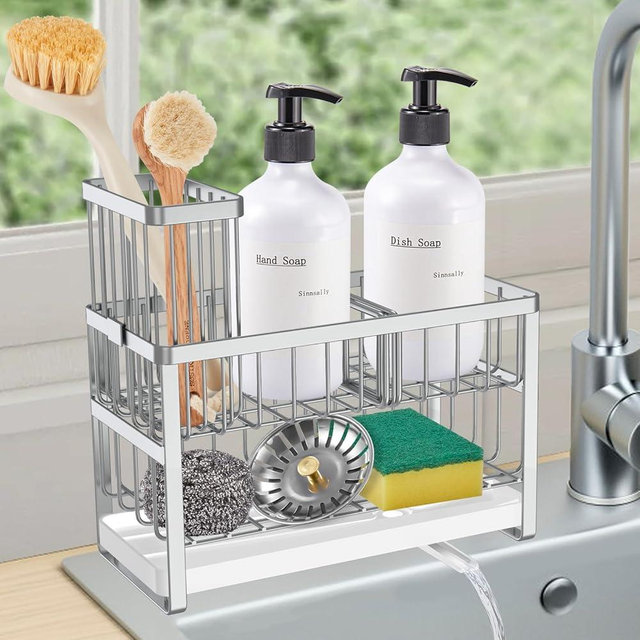 Sinnsally Kitchen Sponge Holder,Sink Caddy Organizer with High Brush Holder,Stainless Steel Sink Box Dish Scrubber Holder,Soap Tray for Kitchen Counter Accessories & Storage Rack (2 Tier - Silver)