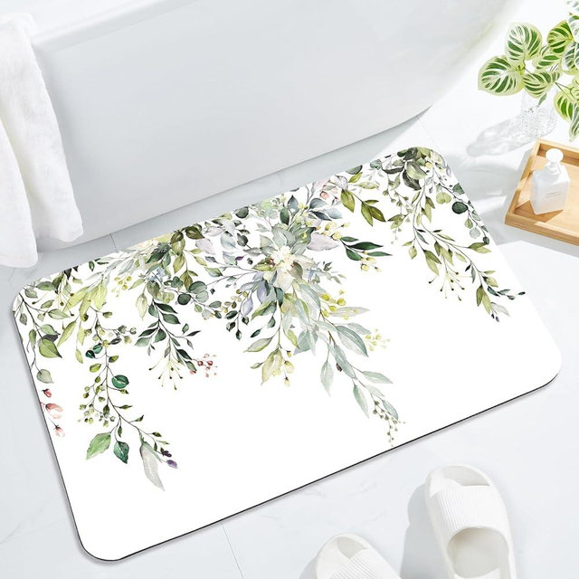 Gibelle Eucalyptus Leaves Bath Mat Rug Super Absorbent Quick Dry Thin Bathroom Rugs Fit Under Door Non Slip Rubber Backed Bathroom Floor Mat for in Front of Bathtub Sink Shower (17"x24", Sage Green)