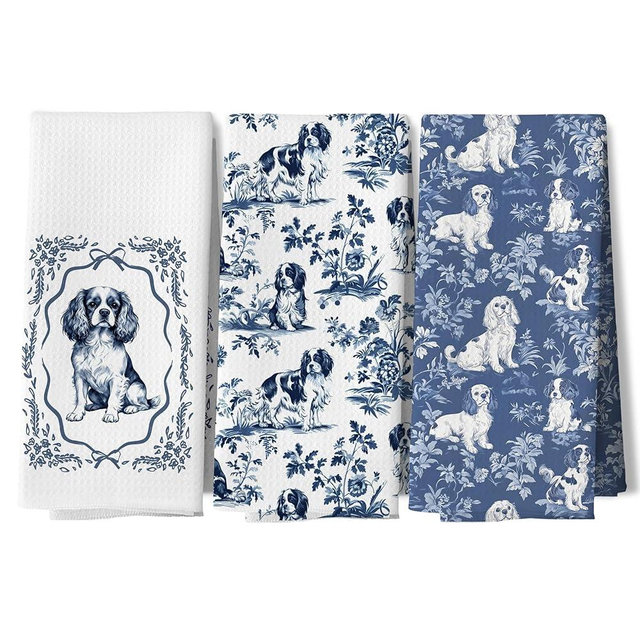 DAYOUER Chinoiserie Cavalier King Charles Spaniel Kitchen Dish Towels, King Cavalier Charles Gifts, Blue and White Chinoiserie Weiner Dog Decor Hand Towels for Bathroom Kitchen, 16x24 Inches Set of 3