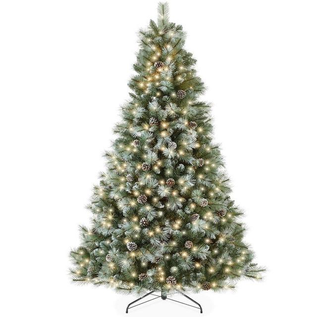 Best Choice Products 7.5ft Pre-Lit Scotch Pine Christmas Tree, Premium Frosted Pre-Decorated Artificial Holiday Decor w/ 1,320 Branch Tips, 2-in-1 White and Multicolor LED Lights, Cordless Setup