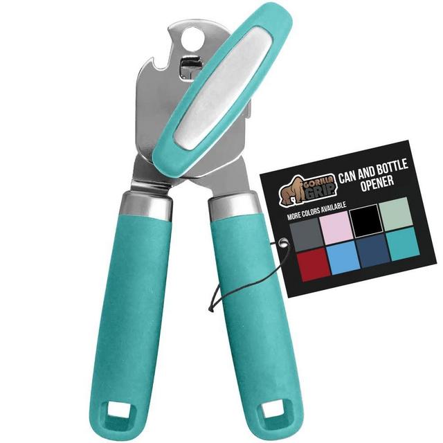 Gorilla Grip Manual Handheld Strong Can Opener, Sharp Cutting Wheel for Smooth Edge Cut, Comfortable Soft Handle, Oversized Easy to Use Turn Knob, Includes Built in Bottle Opener, Turquoise